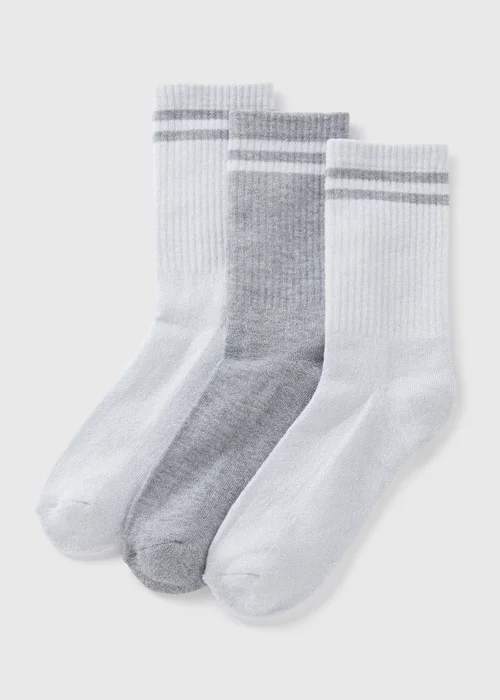 3 Pack Grey Lurex Crew Stripe Sports Socks - One Size Image 1