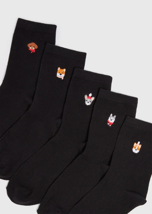 5 Pack Black Dog Embroidered Crew Socks - One Size Image 2