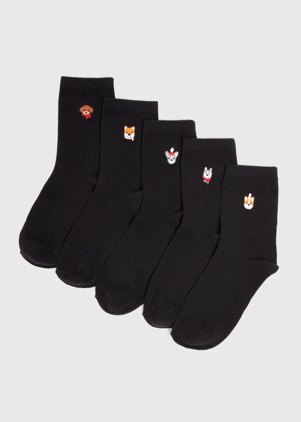 5 Pack Black Dog Embroidered Crew Socks - One Size Image 1