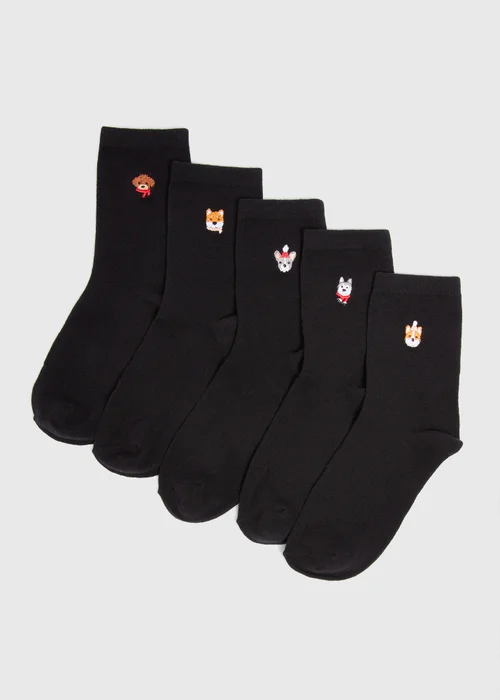 5 Pack Black Dog Embroidered Crew Socks - One Size Image 1