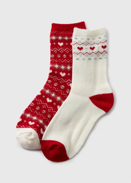 2 Pack Red Fairisle Thermal Socks - One Size Image 1