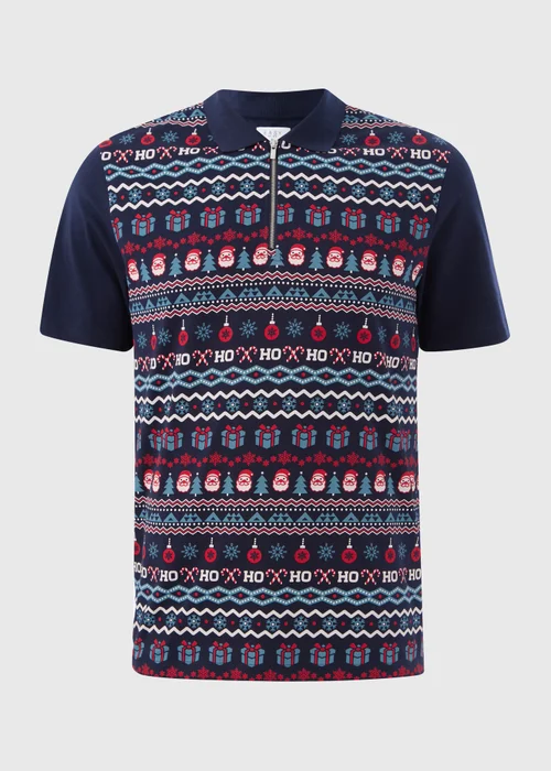 Navy Christmas Print 1/4 Zip Polo Shirt - S Image 4