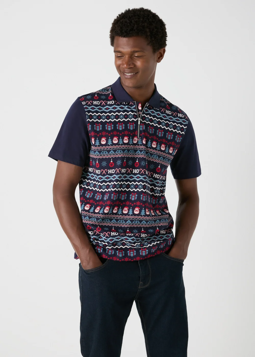 Navy Christmas Print 1/4 Zip Polo Shirt - S Image 1