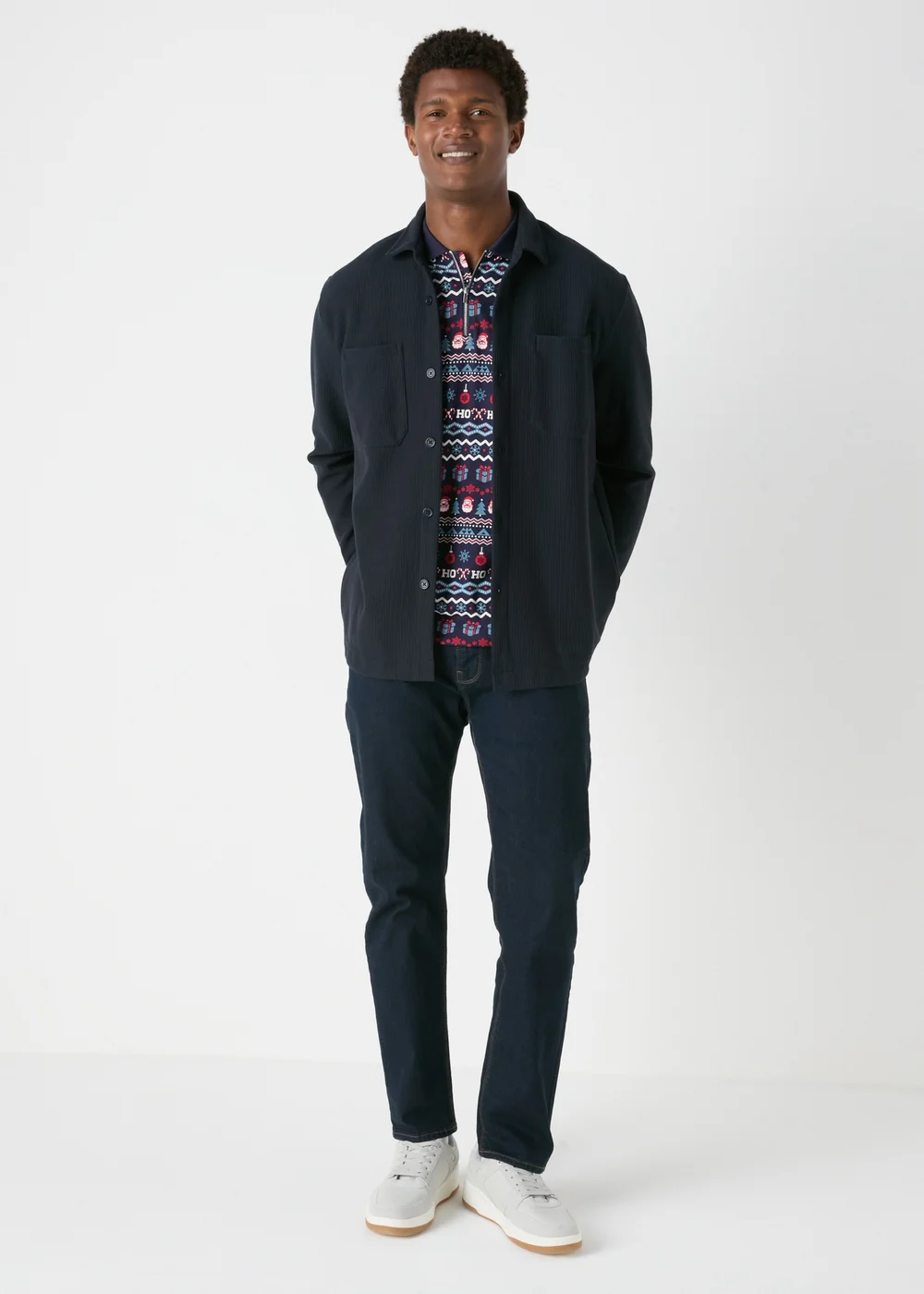 Navy Christmas Print 1/4 Zip Polo Shirt - S Image 3