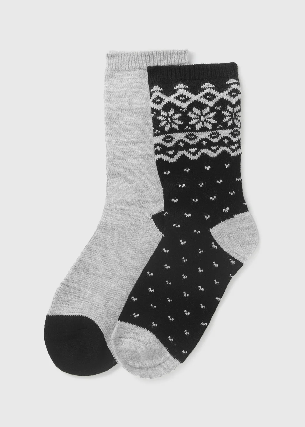2 Pack Black Thermal Fairisle Socks - One Size Image 1