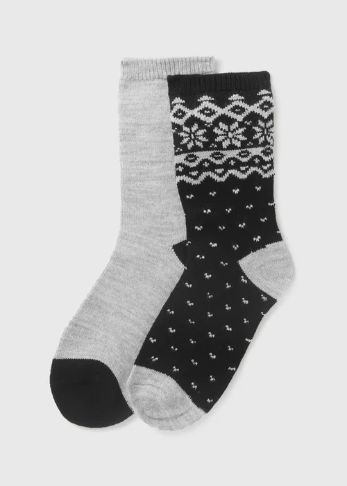 2 Pack Black Thermal Fairisle Socks - One Size Image 1
