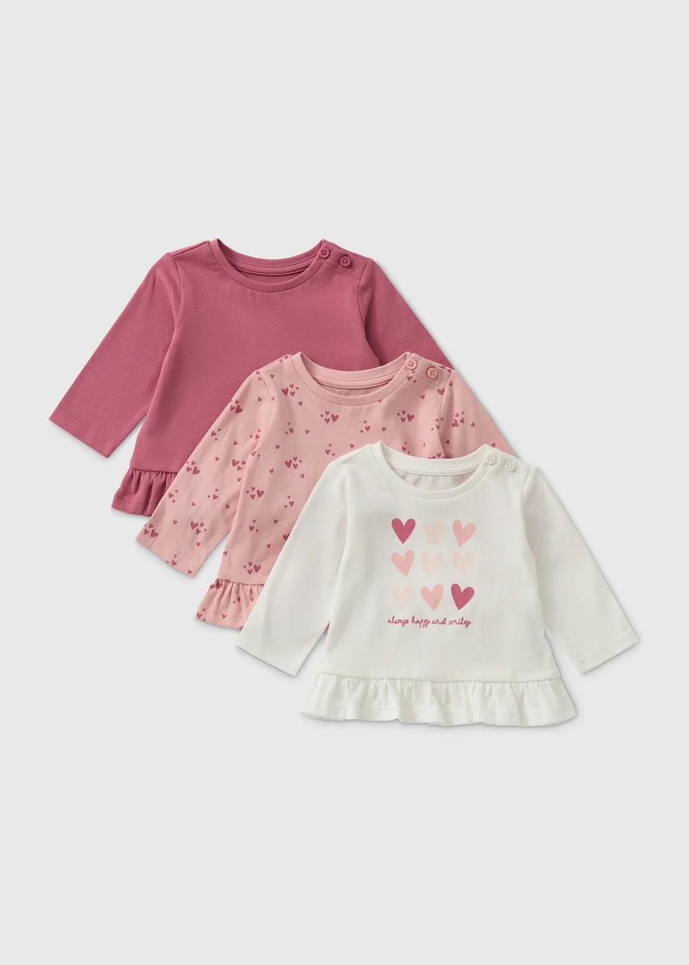 3 Pack Baby Pink Long Sleeve T-Shirts (Newborn-23mths) - Age 0 - 3 Months Image 1