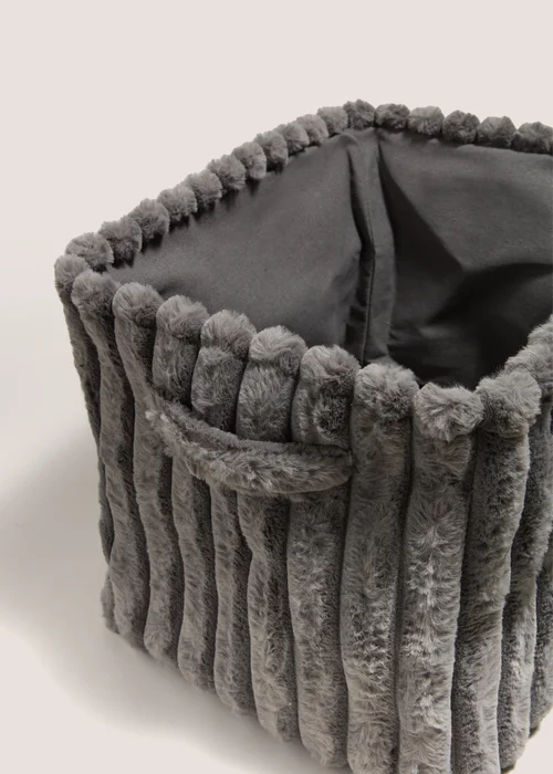 Grey Fur Ribbed Storage Basket Image 2