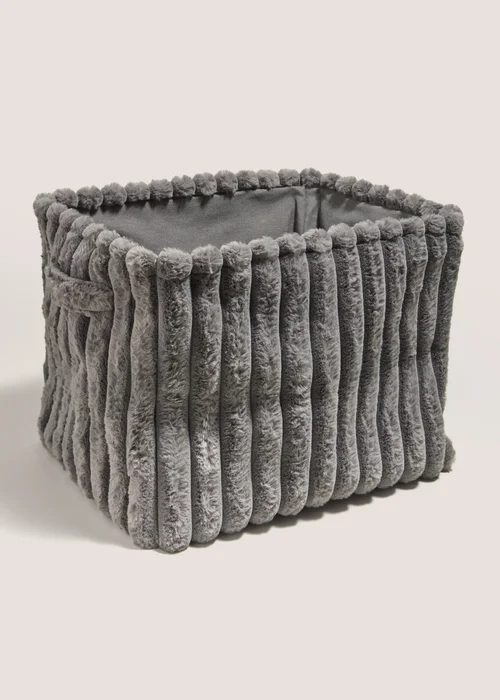 Grey Fur Ribbed Storage Basket Image 1