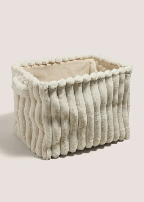 Cream Ribbed Fur Storage Basket (47cm x 34cm x 38cm) Image 1