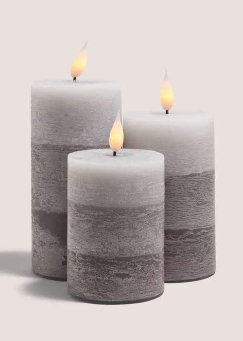 3 Pack Grey LED Pillar Candles Image 1