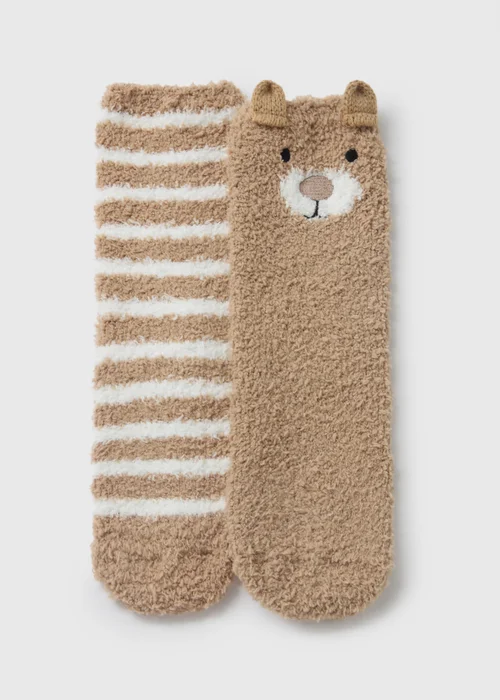 2 Pack Boys Brown Bear Fluffy Socks (Younger 6-Older 6.5) - 4-6.5 Image 1