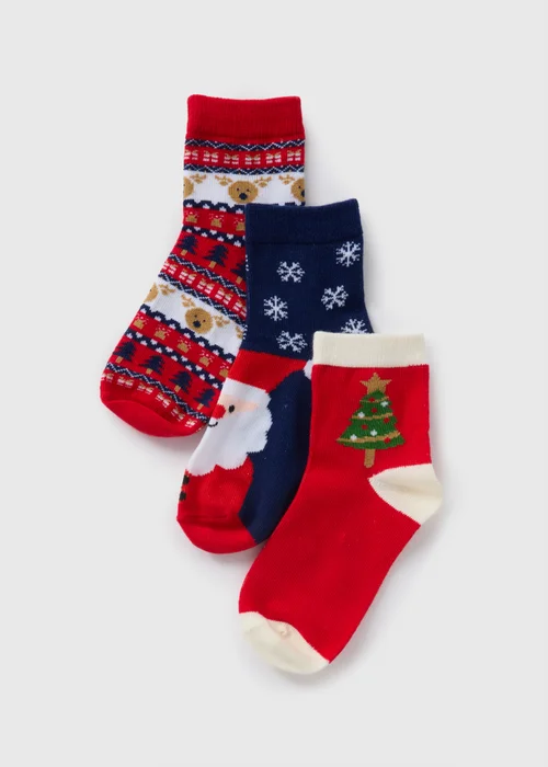 3 Pack Kids Red Christmas Socks (Younger 6-Older 6.5) - Sizes 6 - 8.5 Image 1