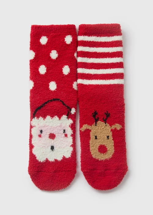 2 Pack Boys Red Christmas Fluffy Socks (Younger 6-Older 6.5) - Sizes 6 - 8.5 Image 1