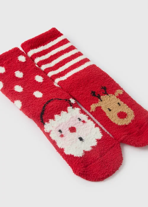 2 Pack Boys Red Christmas Fluffy Socks (Younger 6-Older 6.5) - Sizes 6 - 8.5 Image 2