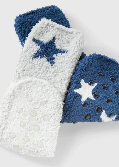 2 Pack Boys Navy Star Fluffy Socks (Younger 6-Older 6.5) - 4-6.5 Image 2