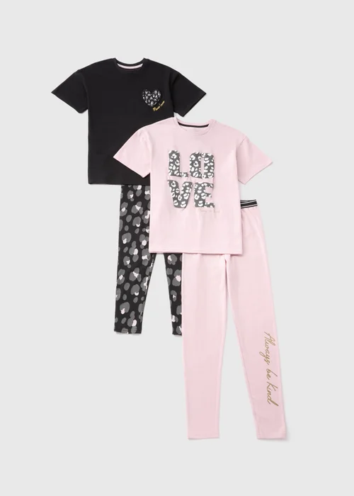 2 Pack Girls Pink Leopard Pyjama Sets (7-13yrs) - Age 7 Years Image 1