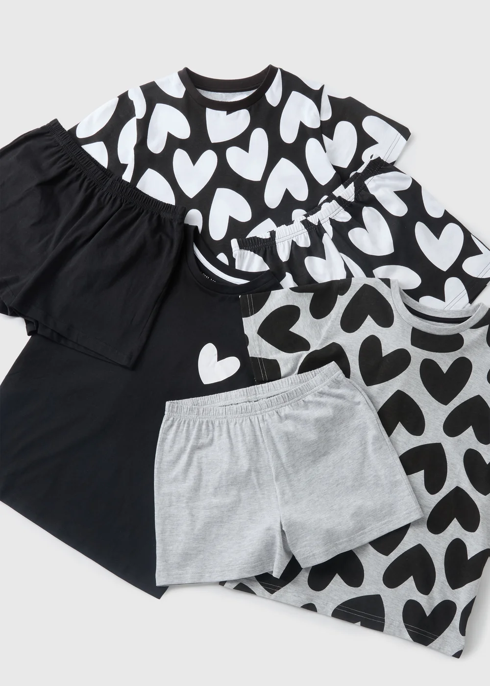 3 Pack Girls Monochrome Heart Top & Shorts Pyjama Set (7-13yrs) - Age 7 Years Image 2