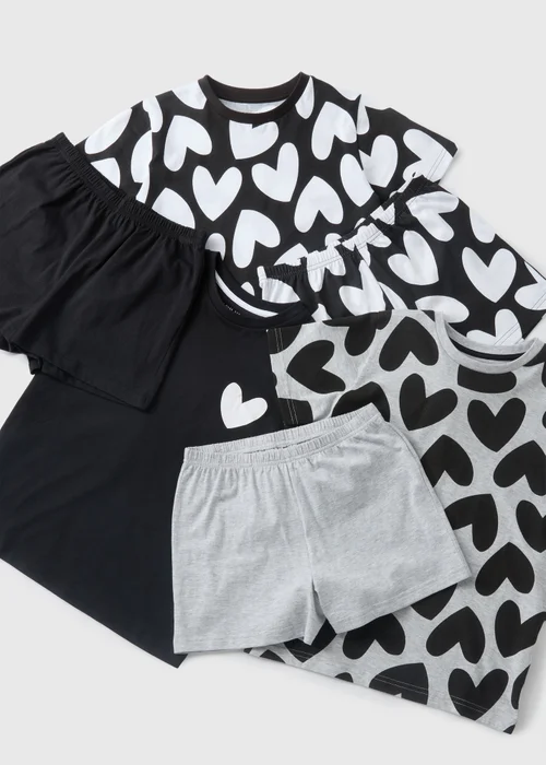 3 Pack Girls Monochrome Heart Top & Shorts Pyjama Set (7-13yrs) - Age 7 Years Image 2