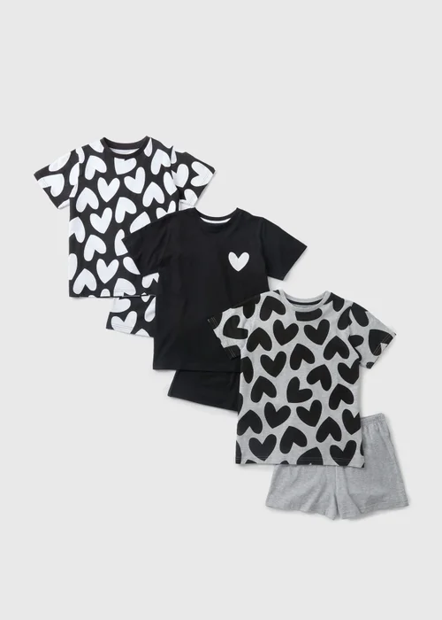 3 Pack Girls Monochrome Heart Top & Shorts Pyjama Set (7-13yrs) - Age 7 Years Image 1