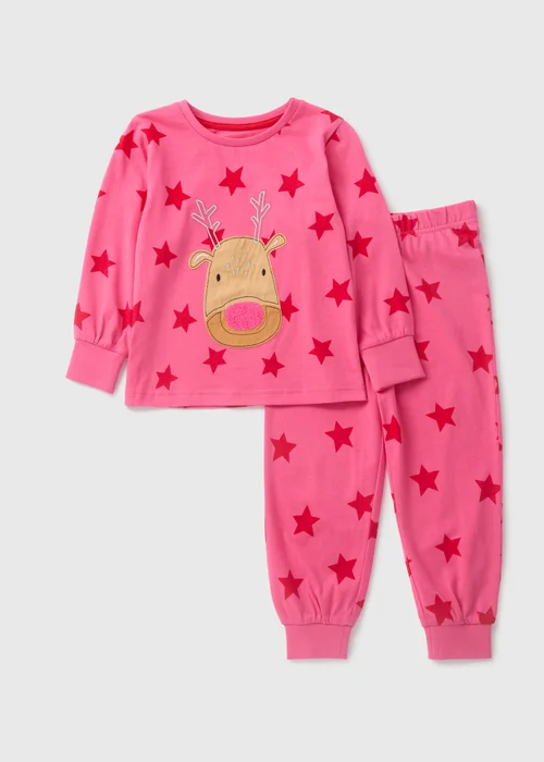 Girls Pink Reindeer Star Top & Bottom Pyjama Set (1-7yrs) - 1 half year to 2 Image 1