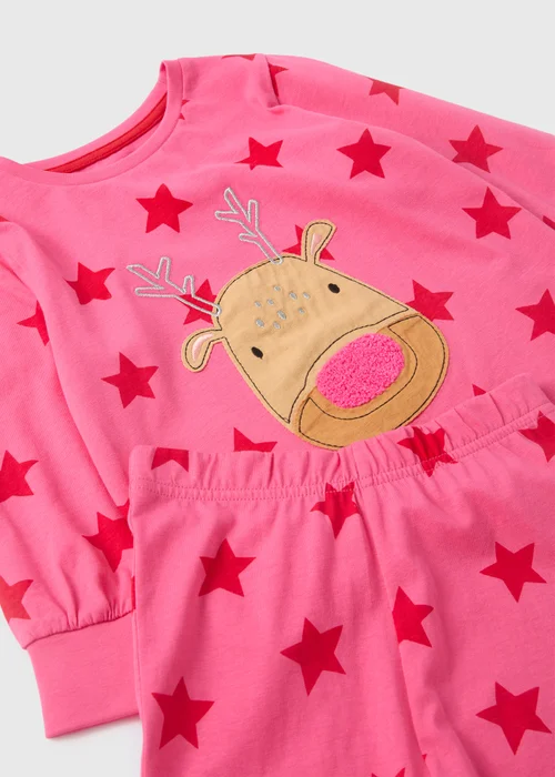 Girls Pink Reindeer Star Top & Bottom Pyjama Set (1-7yrs) - 1 half year to 2 Image 2