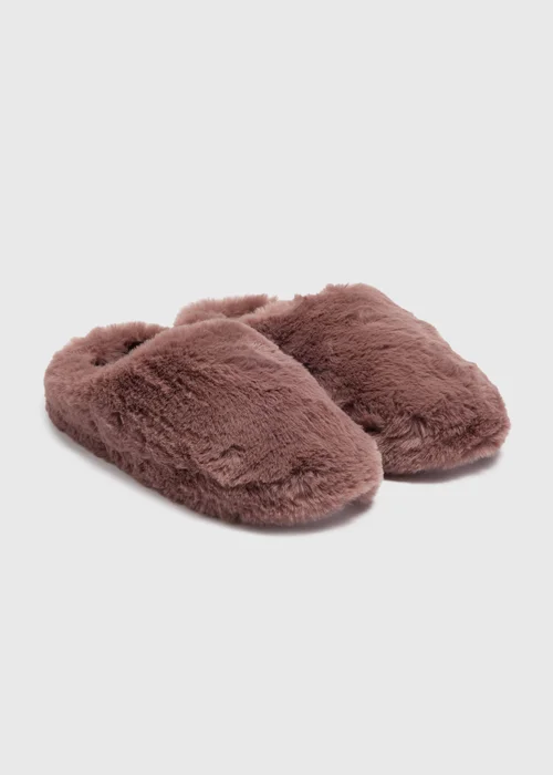 Brown Faux Fur Mule Slippers - Small Image 1