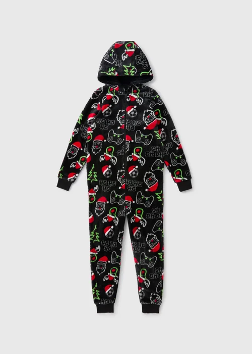 Boys Black Christmas Gaming Onesie (7-13yrs) - Age 7 Years Image 1