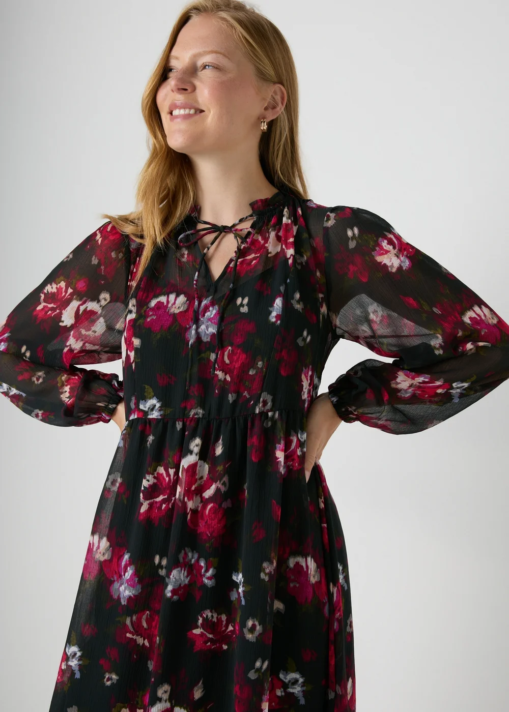 Black Floral Chiffon Midi Dress - 8 Image 1