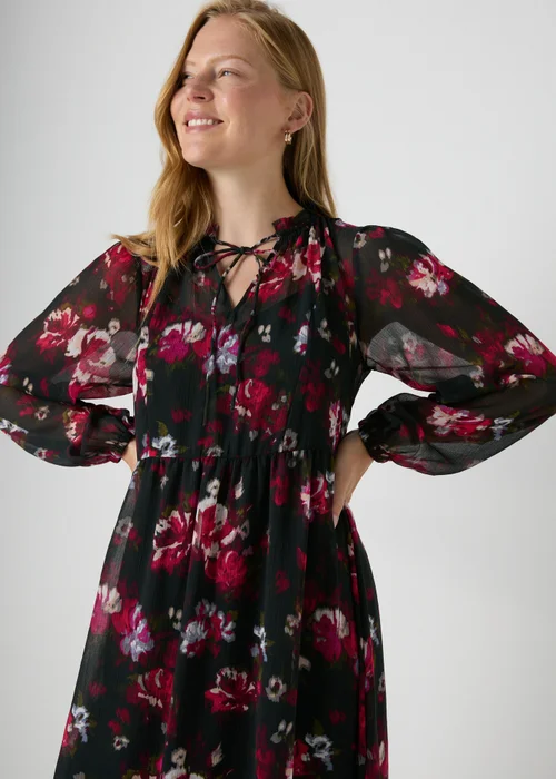 Black Floral Chiffon Midi Dress - 8 Image 1