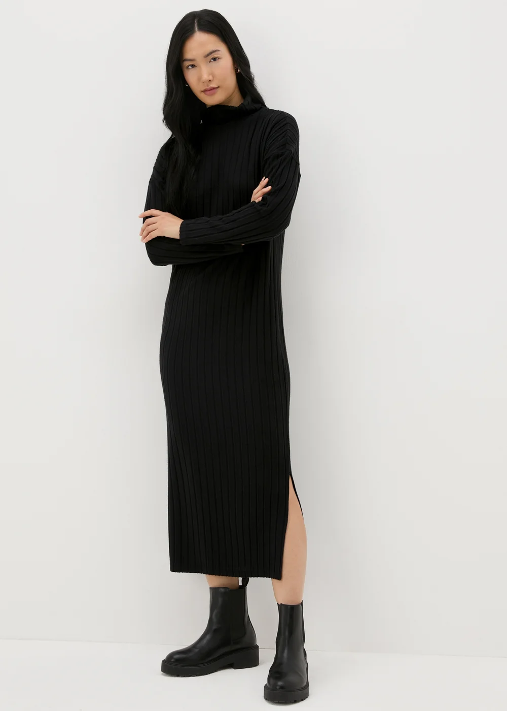 Black Ribbed Roll Neck Midi Dress - 8 Image 1