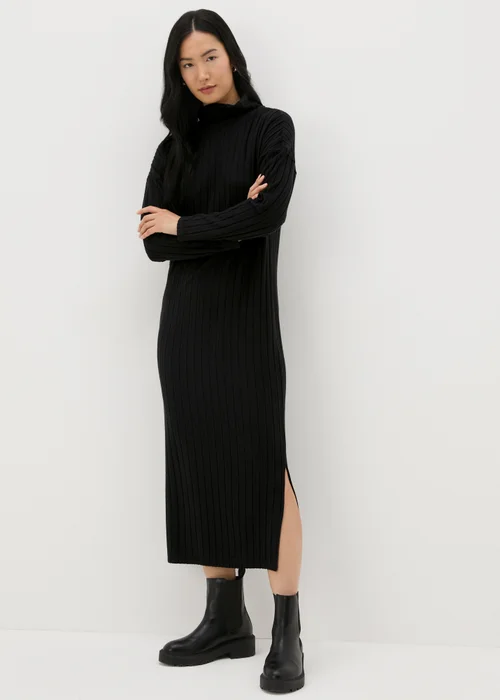 Black Ribbed Roll Neck Midi Dress - 8 Image 1