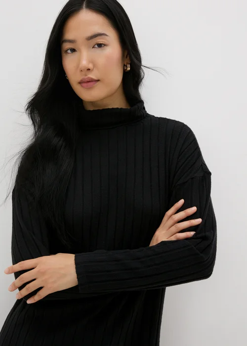 Black Ribbed Roll Neck Midi Dress - 8 Image 3