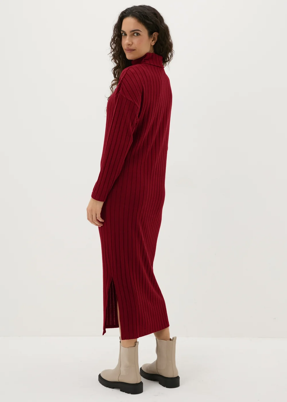 Burgundy Ribbed Roll Neck Midi Dress - 8 Image 2