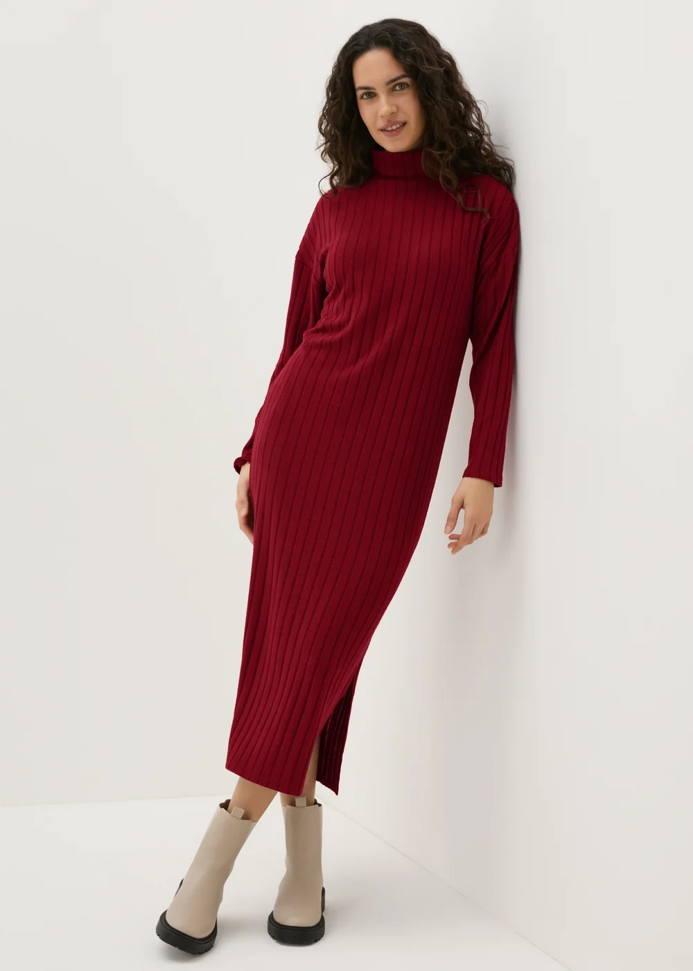 Burgundy Ribbed Roll Neck Midi Dress - 8 Image 1
