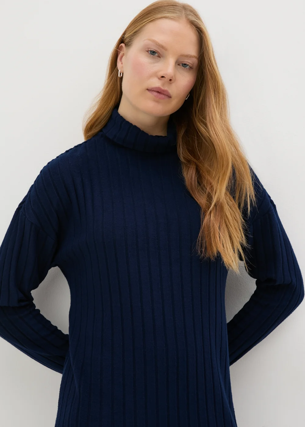 Navy Ribbed Roll Neck Midi Dress - 8 Image 2