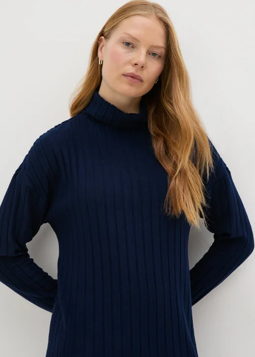 Navy Ribbed Roll Neck Midi Dress - 8 Image 2