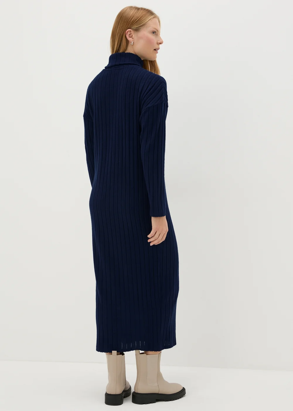 Navy Ribbed Roll Neck Midi Dress - 8 Image 3