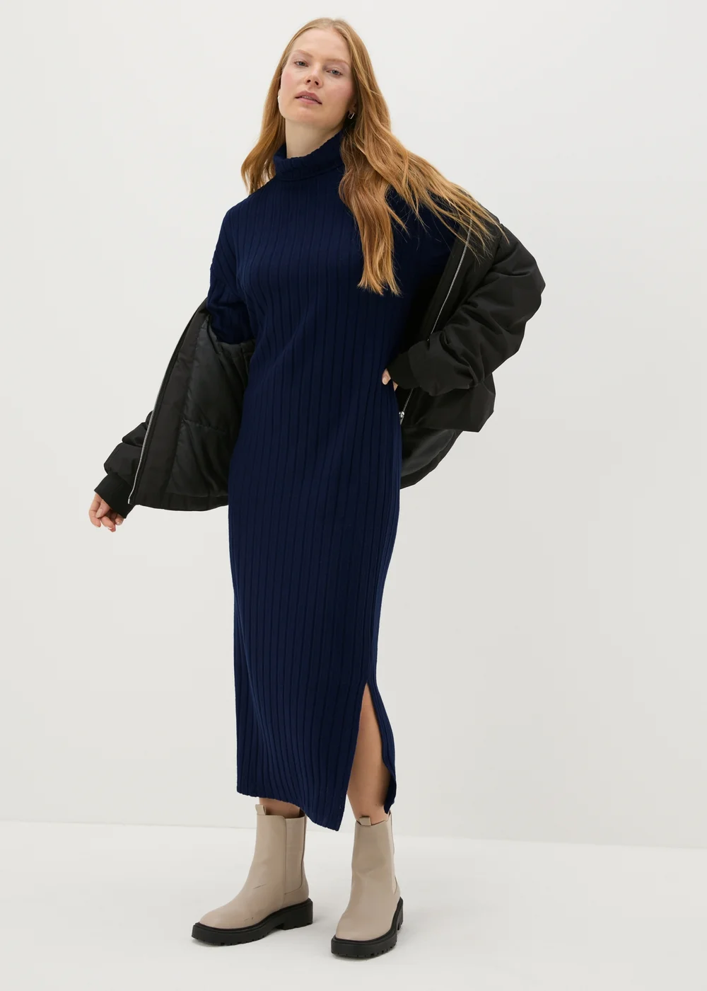 Navy Ribbed Roll Neck Midi Dress - 8 Image 1