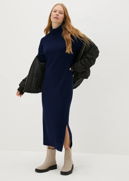 Navy Ribbed Roll Neck Midi Dress - 8 Image 1