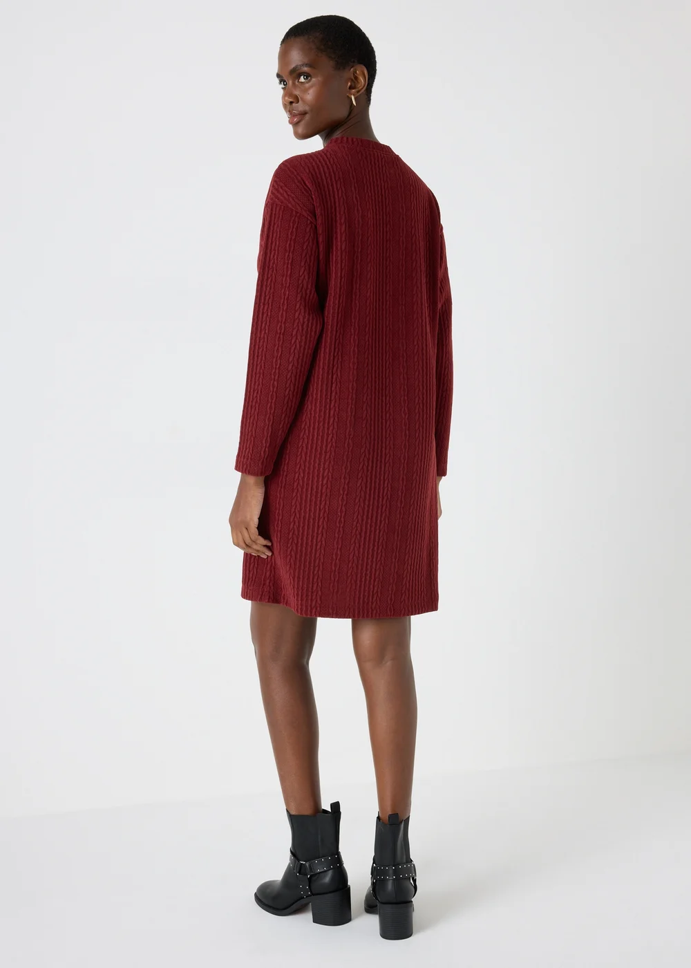 Burgundy Red Cable Knit Sweater Dress Cable-Knit Long Sleeve Sweater Dress Wine M Burgundy Red Cable Knit Sweater Dress Cable-Knit Long Sleeve Sweater Dress Wine M