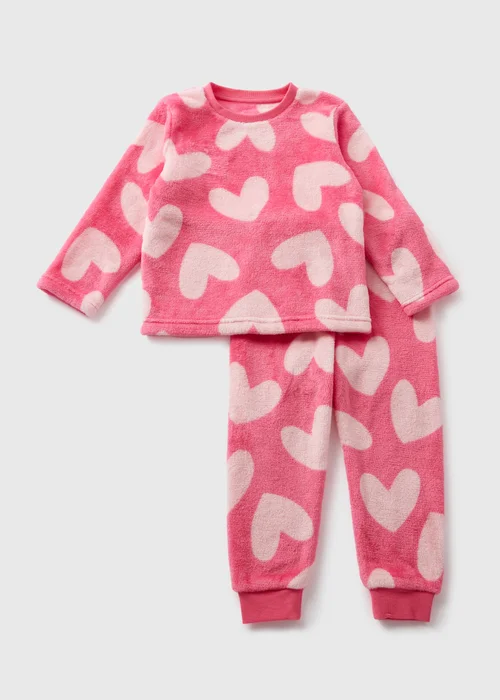 Girls Pink Heart Fleece Top & Bottoms Pyjama Set (1-7yrs) - Age 2 - 3 Years Image 1