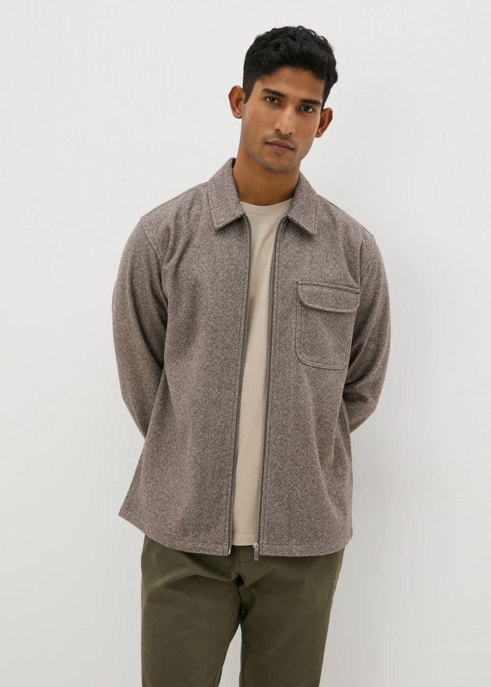 Brown Herringbone Zip Up Shacket - S Image 1