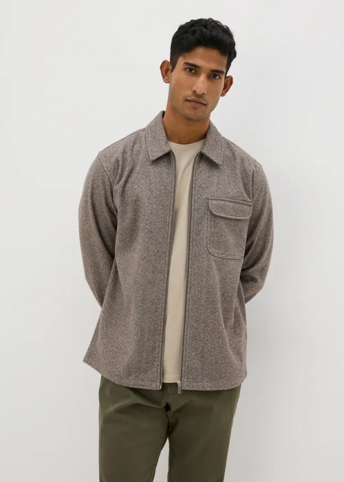 Brown Herringbone Zip Up Shacket - S Image 1