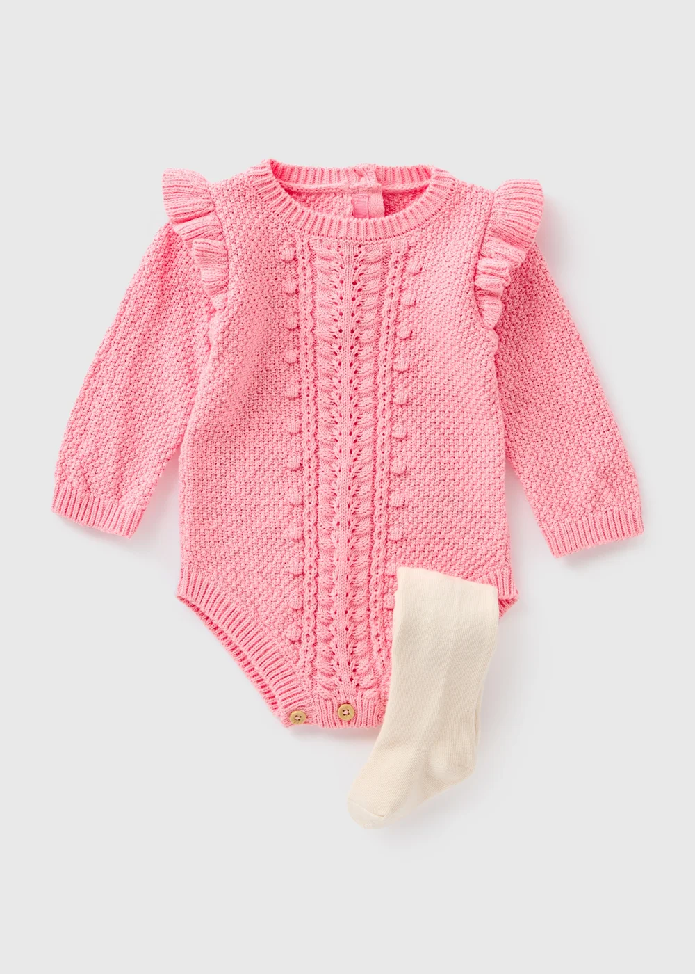 Baby Pink Cable Knit Romper with Tights (Newborn-23mths) - Up to 1 Month Image 1