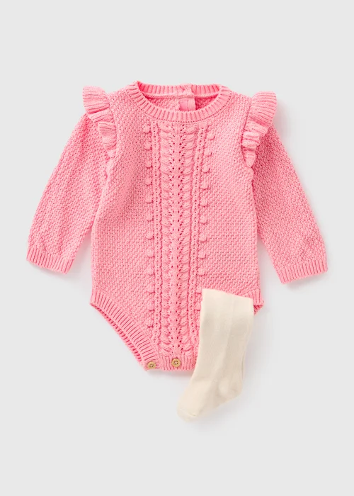 Baby Pink Cable Knit Romper with Tights (Newborn-23mths) - Up to 1 Month Image 1