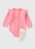 Baby Pink Cable Knit Romper with Tights (Newborn-23mths) - Up to 1 Month Image 1