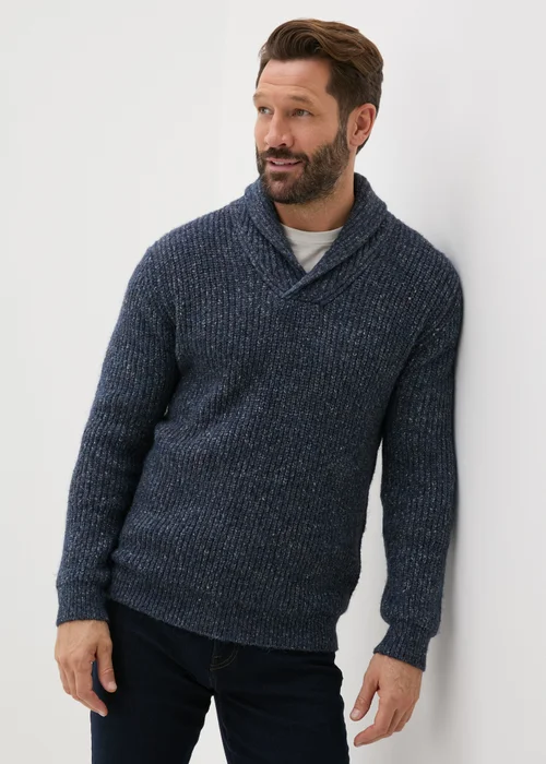 Blue Knitted Shawl Neck Jumper - S Image 1