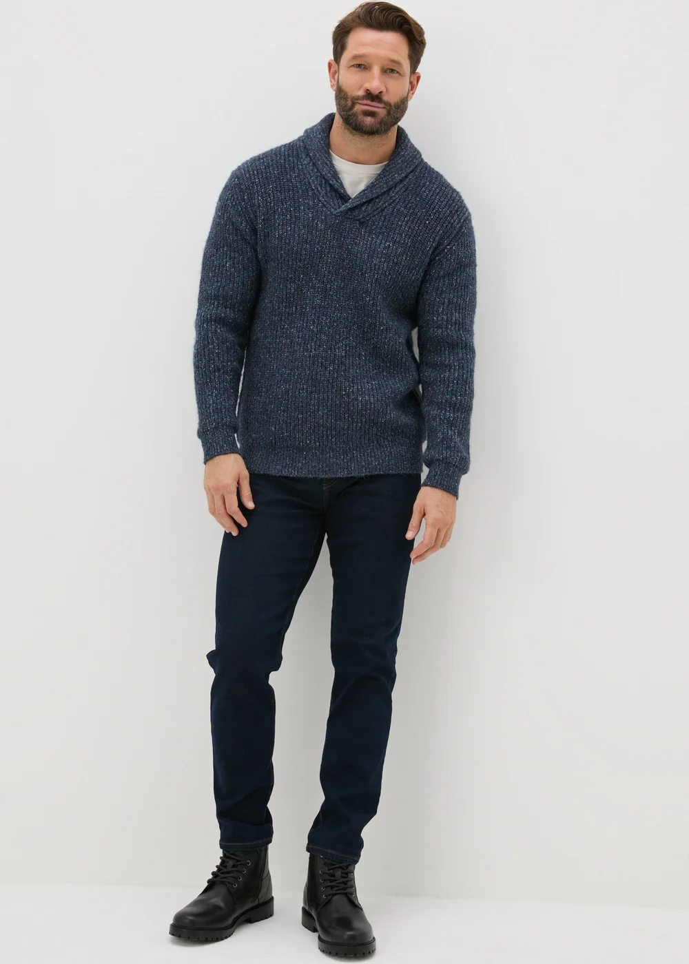 Blue Knitted Shawl Neck Jumper - S Image 3