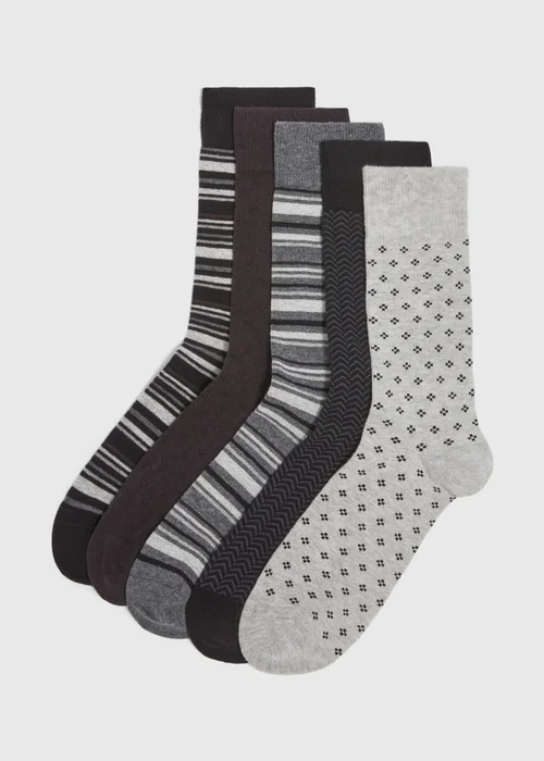 5 Pack Mono Black Patterned Socks - Sizes 6 - 8.5 Image 1